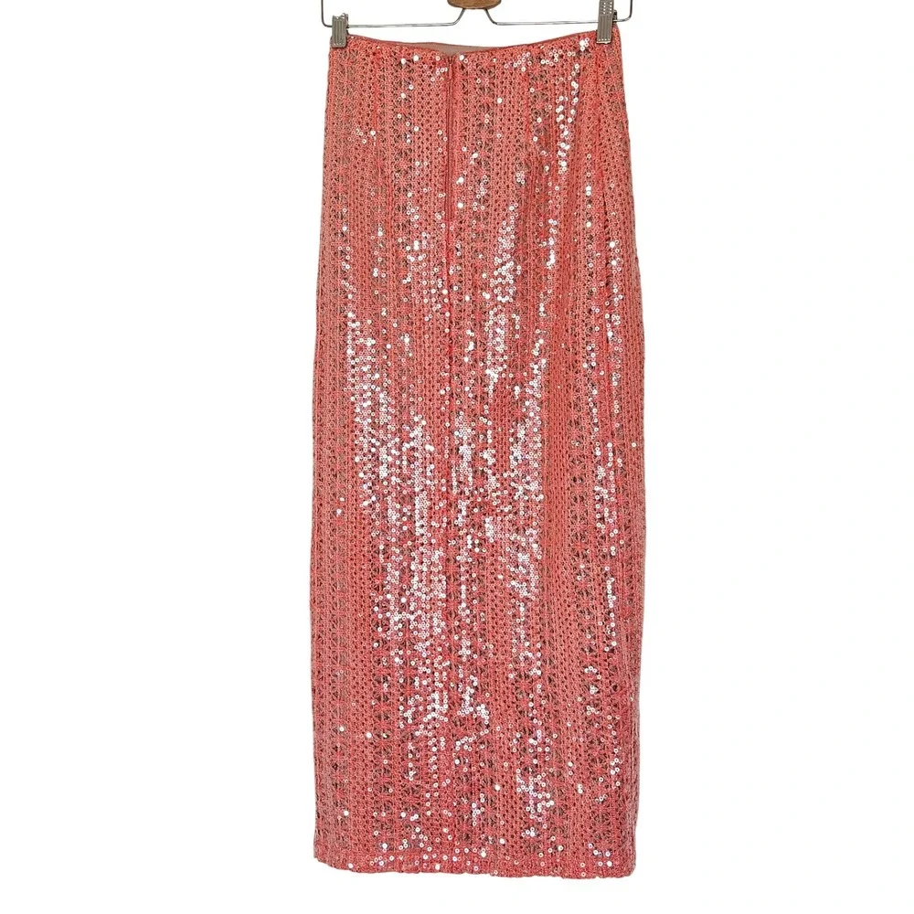 Michael Costello x REVOLVE Catiana Sequin Maxi Skirt Coral Pink High Slit XS New